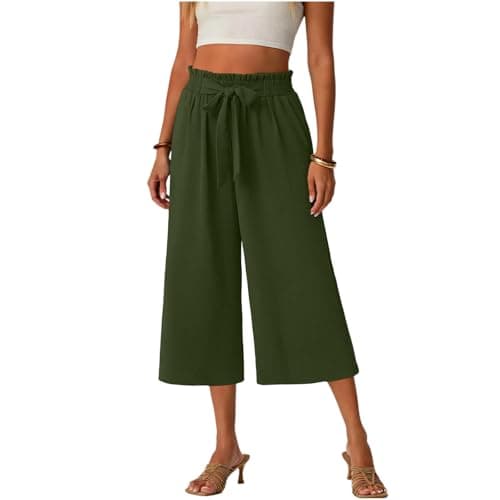 Gaucho Pants for Women, Wide Leg High Waisted Cotton Women's Palazzo Capri Pants with Pockets and Drawstring, Lightweight Breathbale Casual Summer Womens Culottes Army Green S - Image 1