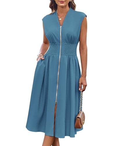 GRACE KARIN Womens V Neck Dress Cap Sleeve 2025 Summer Zipper Front Casual Work Dress with Pockets Gray Blue XL - Image 1