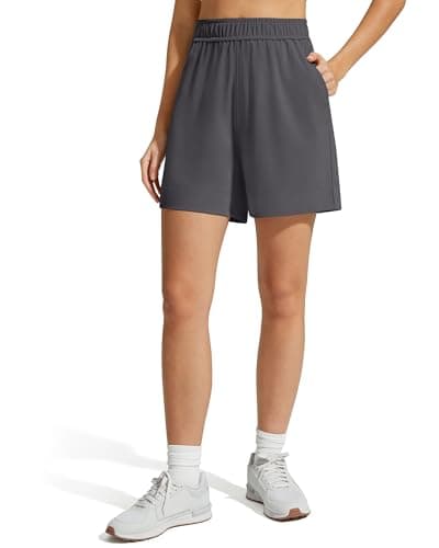 G4Free Lightweight Shorts for Women 4'' Elastic Waist Wide Leg Athletic Shorts with Pockets for Jogging Casual Wear (Dark Gray,S) - Image 1