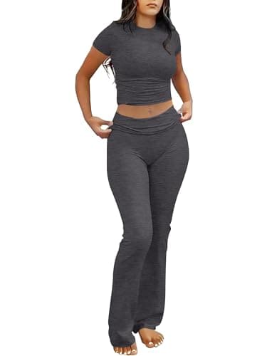 ANRABESS Lounge Sets for Women 2 Piece Foldover Yoga Flare Leggings Pants Crop Tops Casual Y2K Outfits Matching Tracksuit Set Dark Gray Small - Image 1