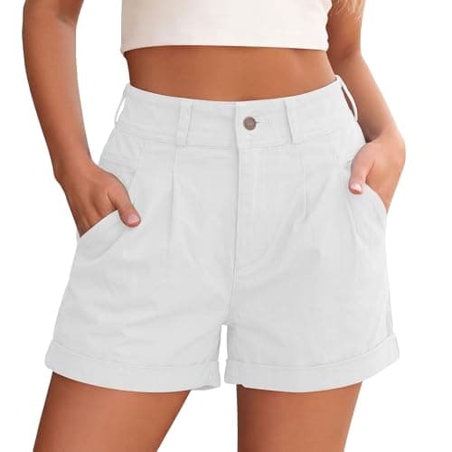 PRETTYGARDEN High Waisted Shorts Women 2026 Summer Business Casual Trousers Pleated Tailored Cuffed Bottoms with Pockets(White,Small) - Image 1