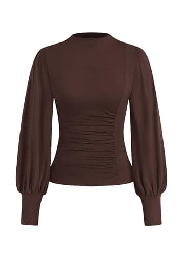 KIRUNDO Blouses for Women Dressy Casual 2026 Fall Ruched Puff Long Sleeve Shirts Mock Neck Underscrub Fitted Trendy Tops (Brown, XX-Large) - Image 1
