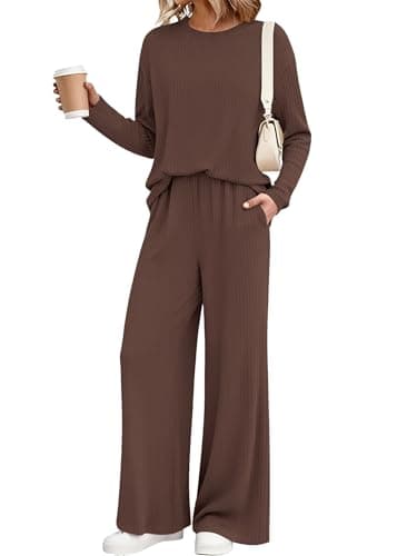 KIRUNDO Fall Ribbed Knit 2 Piece Lounge Set Women(Brown, XX-Large) - Image 1