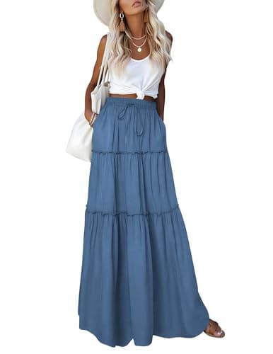 Aprolive Women's Maxi Skirts Chiffon A-Line Midi Skirt Elastic Waist Ruffle Smocked Skirt High Waisted Tiered Skirts Swing Beach Dress(1-Gray Blue,XX-Large) - Image 1