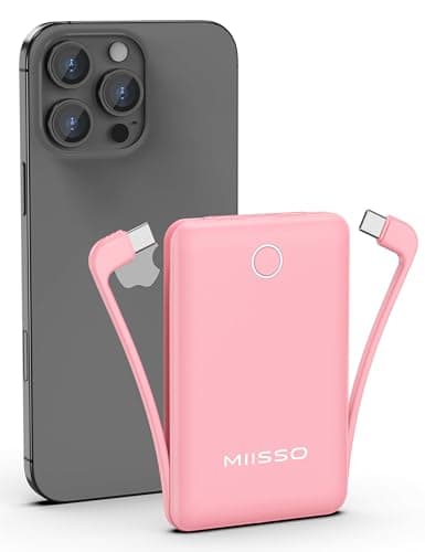 miisso 10000mAh Compatible with iPhone 15/16/17 and Android, Slim Portable Charger with Built in Cable, Power Bank Travel Charger External Battery Pack for Phone, 3 Output USB Type C Cord, Pink - Image 1