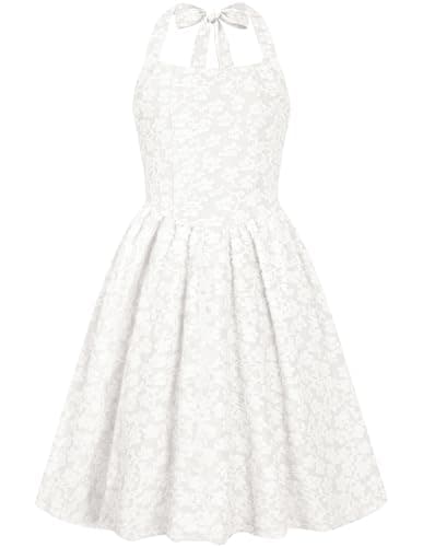 Juniors Wedding Guest Dresses Size 12-14 Teen Floral Halter Backless Special Occasion Dress Teenage Elegant Homecoming Sundresses White - Image 1