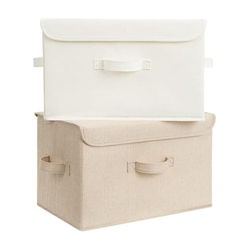 GRANNY SAYS Stoarge Basket with Lid, Decorative Storage Boxes, Closet Storage Bins for Clothes, Collapsible Stackable Organization, Ivory White&Khaki, 2-Pack - Image 1