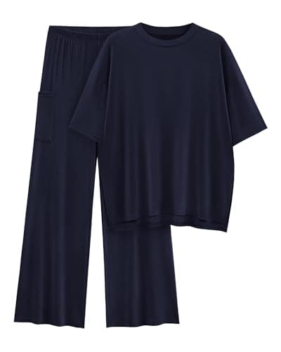 KIRUNDO 2 Piece Lounge Sets for Women Airport Travel Vacation Outfits Summer Casual Loose Short Sleeve Tops & Wide Leg Pants(Navy, X-Large) - Image 1