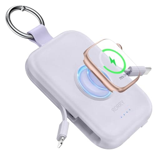 RORRY CharmGo Portable Charger, 5000mAh Portable Charger Power Bank with Built-in Cables, Travel Keychain Battery Pack for Apple Watch and iPhone Air/17/16/15/14/13/12, Purple - Image 1