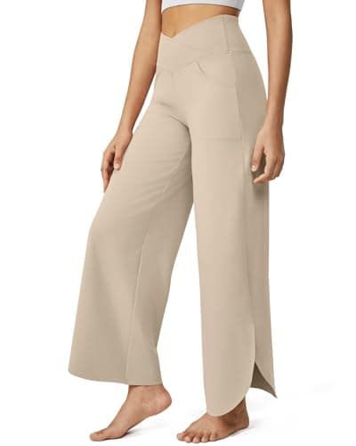 G4Free Women Casual Flowy Loose Dance Pants with Pockets Wide Leg Yoga Lounge Pants Palazzo Workout Sweatpants(Light Khaki,XS,Tall) - Image 1