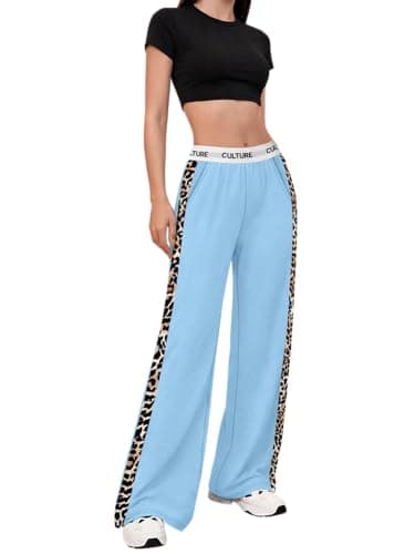 PEFYERVERY Women Baggy Pants Leopard Print Block Side Teen Wide Leg Open Bottom Sweatpants Y2K Elastic Waistband Cool Climbing Blue L - Image 1
