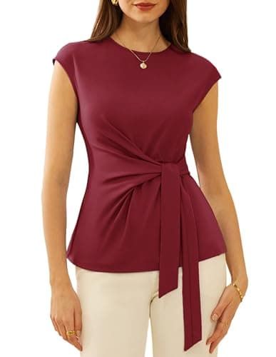 Tops for Women Tie Front Going Out Office Blouses Crewnecks Cap Sleeve Spring Casual Tops Wine Red S - Image 1