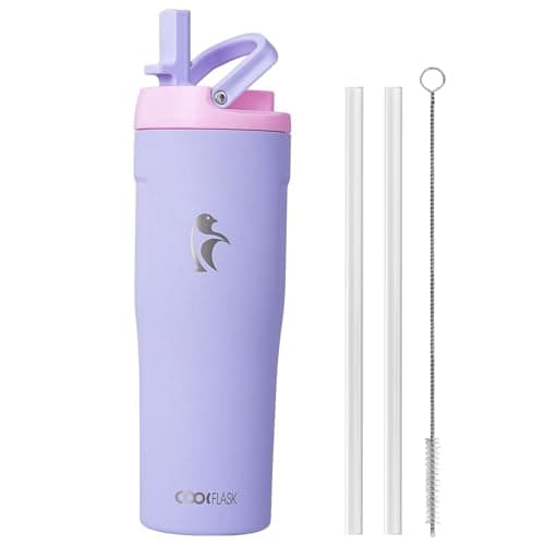 Coolflask Water Bottle 32 oz Fits Car Cup Holder, Slim Tumbler Stainless Steel with Straw & Handle, Vacuum Flask Leakproof Wide Mouth for Travel Sports Gym, Lavender