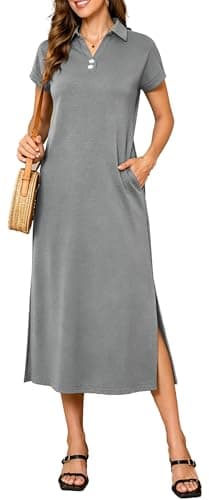 BEXIBOOM Women's T Shirt Maxi Dress, Summer Cap Sleeve V Neck Collared Casual Long Dress with Pockets, Side Split Vacation Dress Dark Gray-XL - Image 1