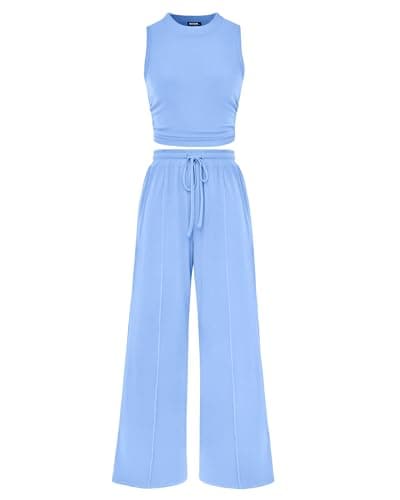 BTFBM Summer Outfits For Women 2026 Ribbed Sleeveless Tank Tops Wide Leg Pants 2 Piece Sets Lounge Set Clothing(Light Blue, XX-Large) - Image 1