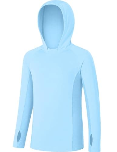 RIKUAOU Boys Hooded Rash Guard Fishing Shirt, UPF 50+ Kids Long Sleeve Sun Hoodie, Youth UV Protection Beach Swim Shirts Light Blue - Image 1