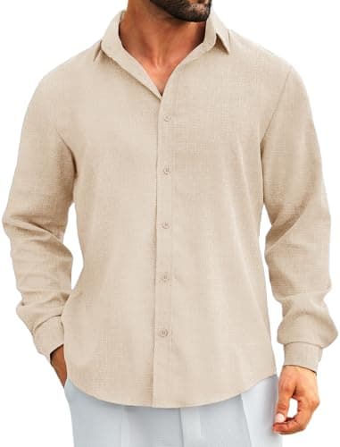 MAPICK Mens Linen Dress Shirts Business Casual Dress Shirt Fashion Untucked Wrinkle Free Fall Tops(Light Khaki,Medium) - Image 1