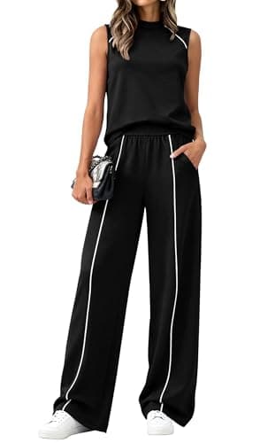 BTFBM Womens 2 Piece Lounge Set 2026 Striped Travel Outfits Sweatsuit Mock Neck Tank Top Wide Leg Pants Casual Activewear(Black, XX-Large) - Image 1