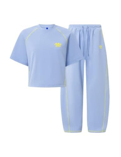 Aelfric Eden Cloud Cropped Sweat Sets Summer 2 Piece Outfits Crop Top High Waisted Baggy Barrel Sweatpants Sweatsuit Blue X-Large