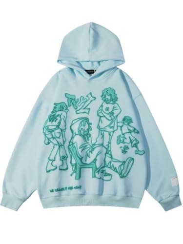 Aelfric Eden Mens Graphic Oversized Hoodie Cartoon Character Print Streetwear Casual hoodies y2k Hooded Sweatshirt Blue