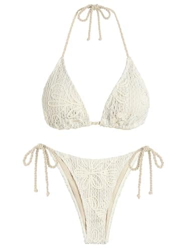 ZAFUL Crochet Triangle Bikini Halter Sting Bikinis Cute Cheeky Two Piece Swimsuit Sexy Bathing Suit for Women 2026 Beige - Image 1
