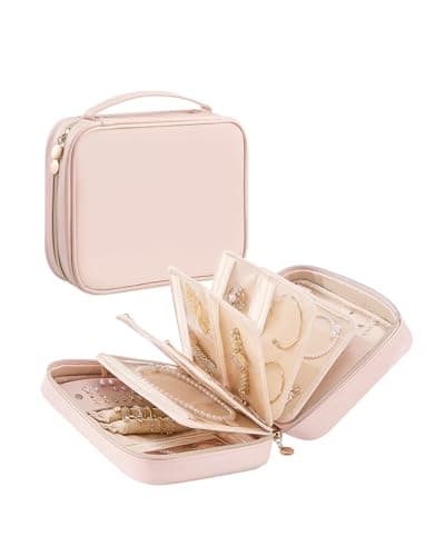 Lolalet Travel Jewelry Notebook Organizer Case, Large Jewelry Binder Book with Individual Pouches, Portable Leather Zippered Bag for Storage of Earring, Ring & Necklace, Gift for Women -Apricotpink - Image 1