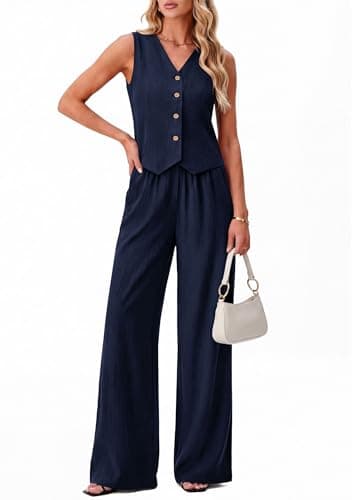 KIRUNDO Business Casual Outfits for Women Vest Tops Pant Suits Dressy 2 Piece Sets Summer Crop Blazer Wide Leg Work Pants(Navy, X-Large) - Image 1