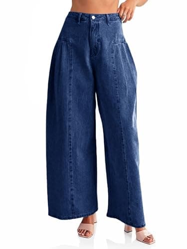 PLNOTME Womens Baggy High Waisted Jeans Loose Boyfriend Wide Leg Side Pleated Denim Pants Navy - Image 1