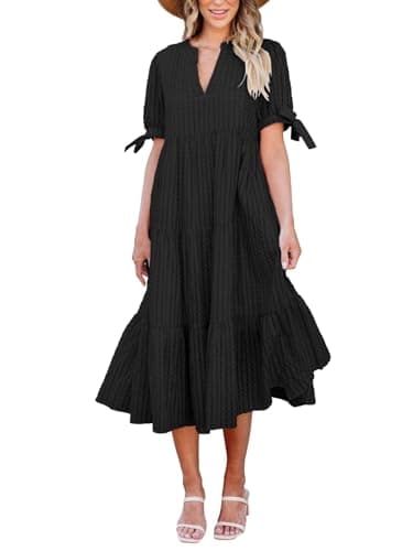 Theenkoln Womens Casual Midi Dress: Short Sleeve V-Neck Empire Waist Gingham Spring Fashion Long Trendy Tiered Formal Dresses Black - Image 1