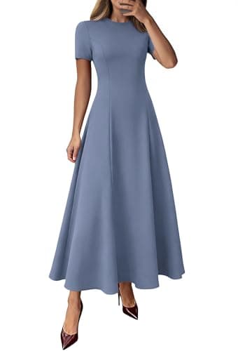 KIRUNDO Wedding Guest Dresses for Women 2026 Spring Summer Short Sleeve Pleated Long Flowy A Line Formal Maxi Dress Pockets(Dusty Blue, Small) - Image 1