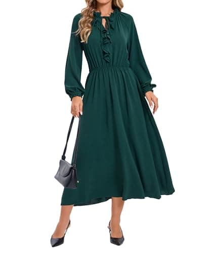 Ystguic Women's Fall Casual Long Sleeve Wedding Guest 2025 Boho Empire Elastic Waist V Neck Dress Italian Formal Italian Elegant Ruffle Flowy A Line Midi Dresses with Pockets Medium 054 Dark Green M - Image 1