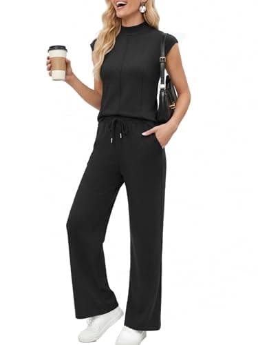 Casly Lamiit 2 Piece Sets for Women Fashion 2026 Lounge Vacation Travel Outfits Summer Cap Short Sleeve Airport Matching Pant Sets Black M - Image 1