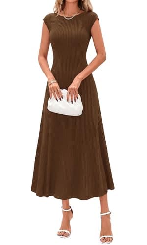 BTFBM Womens Spring Dresses 2026 Asymmetrical Neck Short Sleeve Pleated Swing Knit Midi Dress Business Casual(Brown, Medium) - Image 1