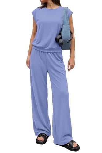 PRETTYGARDEN Women's Summer 2 Piece Lounge Sets 2026 Cap Sleeve Tops Wide Leg Pants Workout Sets Loose Casual Tracksuit(Light Blue,X-Large) - Image 1