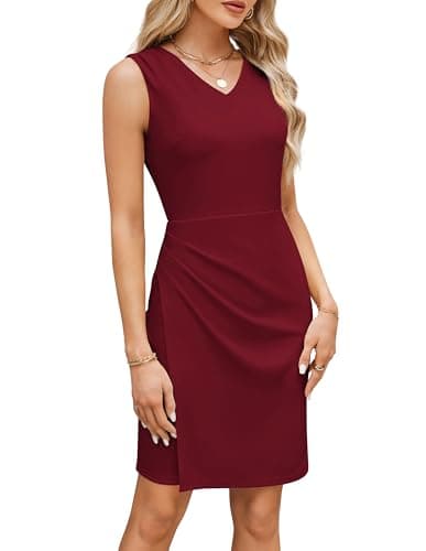 GRACE KARIN Women's V Neck Sleeveless Ruched Slim Business Pencil Dress Wine Red XL - Image 1