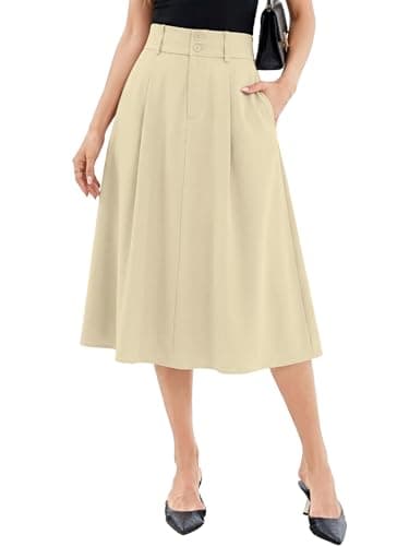Casly Lamiit Women's Midi Skirt Trendy A Line Pleated Dressy Work Summer Spring Skirt with Pockets Office Light Khaki L - Image 1