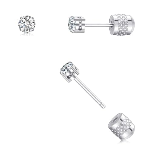 Hypoallergenic Threadless Flat Back Earrings,1 Pairs Cartilage Stud for Women Men Titanium Post 20G None Screw Easy Push in Gold Black Silver Stainless Steel Flatback with CZ 3-8mm (Silver Stud, 3mm) - Image 1