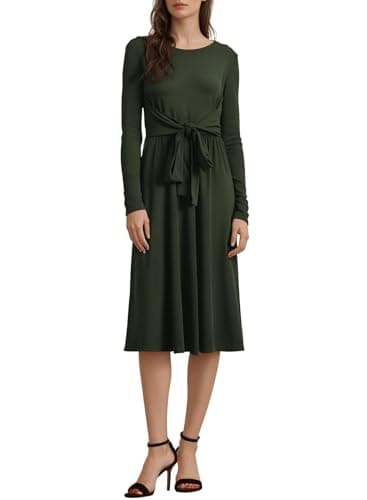 BLENCOT Women Maxi Dresses Crewneck Ruffle Solid Long Sleeve Flare Business Casual Outfits Maternity Dress with Pockets Moss Green XL - Image 1