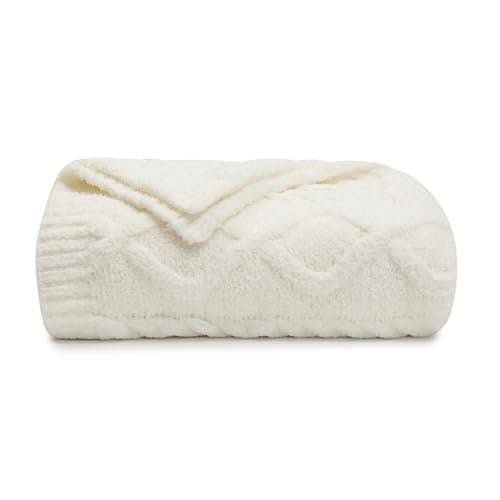 bearberry Plush Fleece Blanket Ultra Cozy & Warm Cable Knit - Machine Washable Throw for Living Room, Bedroom, Office | Lightweight Fuzzy Blanket for Adults, Kids, Pets (Cream, 50”x60”)
