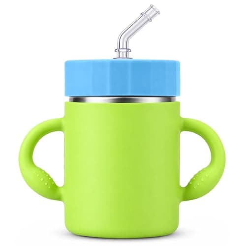 Mamalovey 12oz Insulated Kids Water Bottle, Stainless Steel Sippy Cup with Straw & Handles, Spill-Resistant Kid Cup, Silicone Sleeve for Anti-Drop Protection, Great for Travel - Green - Image 1