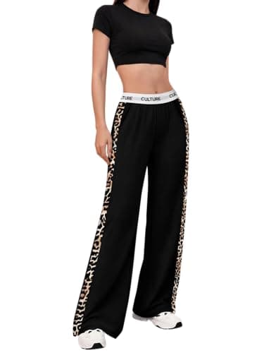 PEFYERVERY Women Baggy Pants Leopard Print Block Side Teen Wide Leg Open Bottom Sweatpants Y2K Elastic Waistband Skateboard Black XL - Image 1