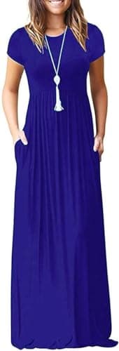 DEARCASE Maxi Dress for Women Dark Blue XX-Large Crewneck Short Sleeve Sundresses Wedding Guest A-line Casual Loose Party Vintage Spring Summer Vacation Flowy Beach Long Dresses with Pockets - Image 1