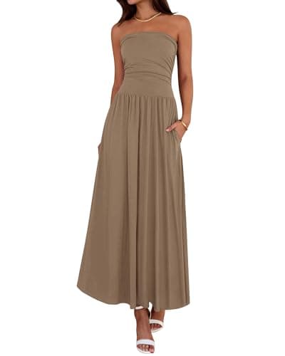 BTFBM Summer Maxi Dresses for Women 2026 Strapless Ruched Tube Top Beach Vacation Spring Wedding Guest Dress Pockets(Khaki, XX-Large) - Image 1
