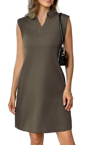 BEXIBOOM Travel Dress with Pockets for Women, Casual Summer T Shirt Dress, V Neck Polo Collared Cap Sleeve Knee Length Loose Fit Dress Khaki-M