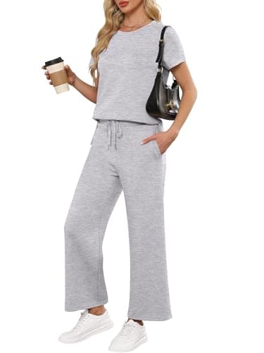 ANRABESS Women 2 Piece Lounge Sets Summer Travel Sweat Outfits Short Sleeve Wide Leg Casual Matching Tracksuits Clothes Light Grey Medium - Image 1