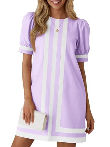 Wenrine Womens Puff Short Sleeve Mini Dress Summer Crewneck Striped Color Block Loose Casual Shift Dresses with Pockets Violet - Image 1