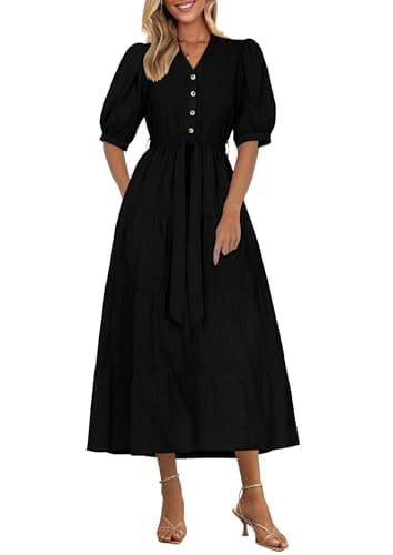 PRETTYGARDEN Summer Dresses for Women 2026 Elegant Classy Short Sleeve V Neck Ruffle A Line Belted Long Beach Vacation Dress (Black,Medium) - Image 1