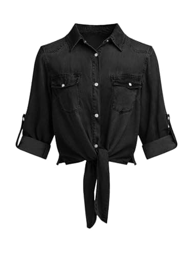 PRETTYGARDEN Women Button Up Shirts Casual Long Sleeve V Neck Swallow Tail Front Denim Cropped Cardigan Going Out Top (Black, Small) - Image 1