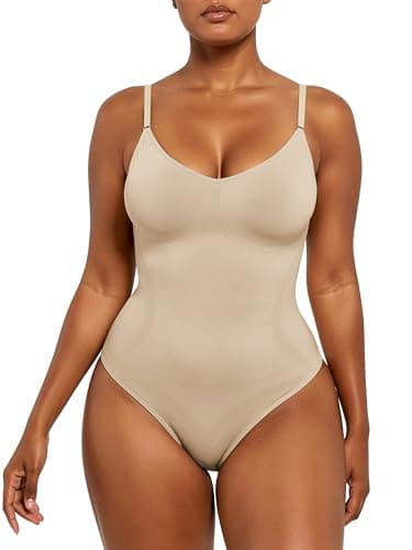 Xcutting Women's Tummy Control Shapewear Thong Bodysuit Seamless Waist Snatching Body Shaper - V-Neck Cami with Brief Comfortable Fit for All-Day Wear Jumpsuit Shaping (Khaki Thong, Medium) - Image 1