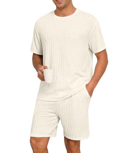 PrinStory Mens Pajamas Set Summer Pjs Sets Lightweight Short Sleeve Pajama Shorts Set Soft Sleepwear Loungewear with Pockets Apricot-L - Image 1